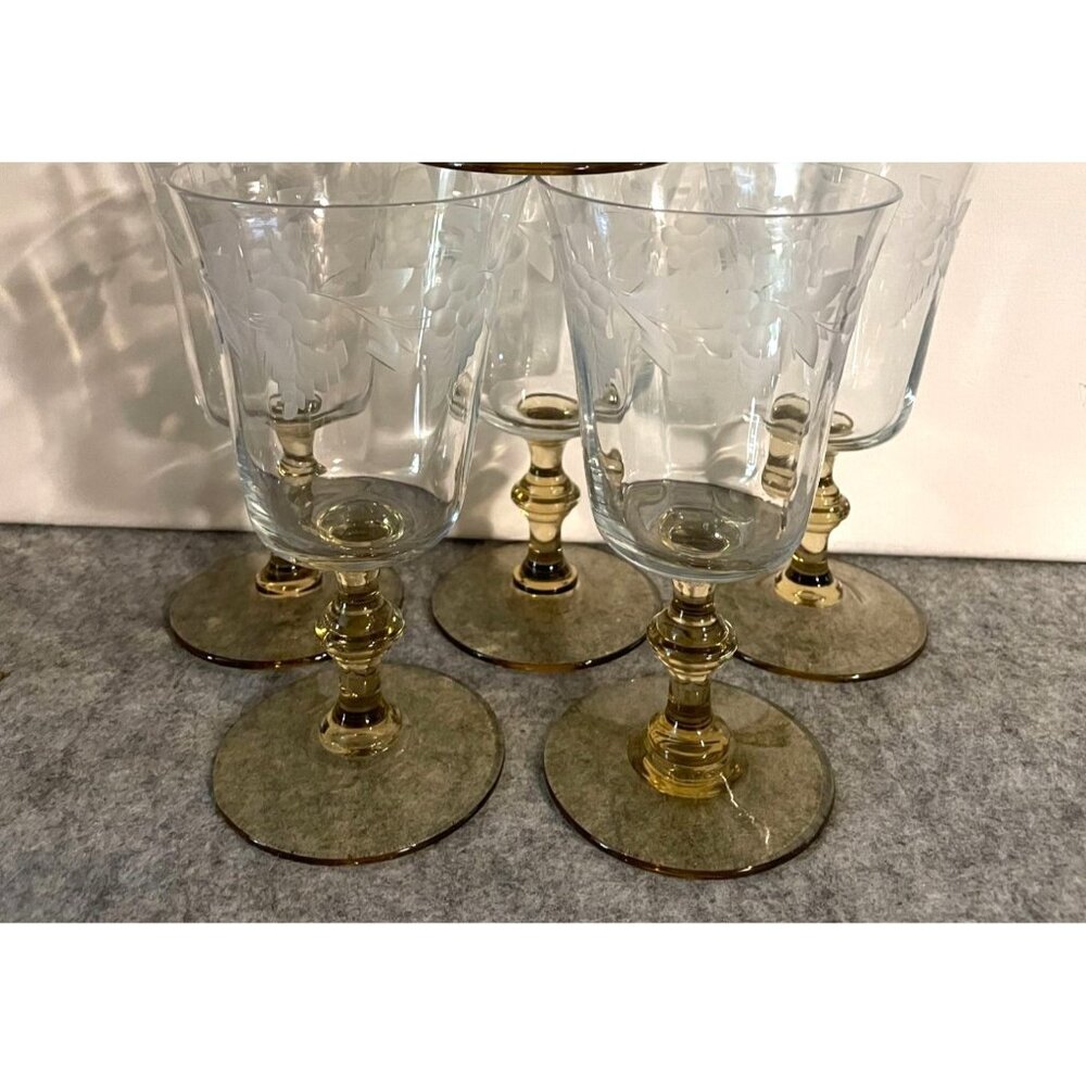 6 Vintage Amber Stemmed Goblet With Etching of Grapes and Leaves  #1903